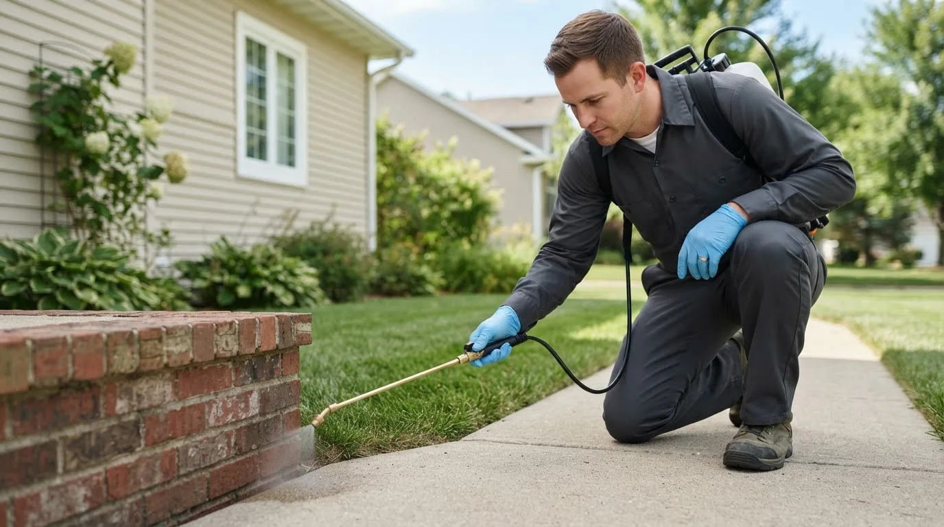 Pest control technician treating a home near North Pownal, VT